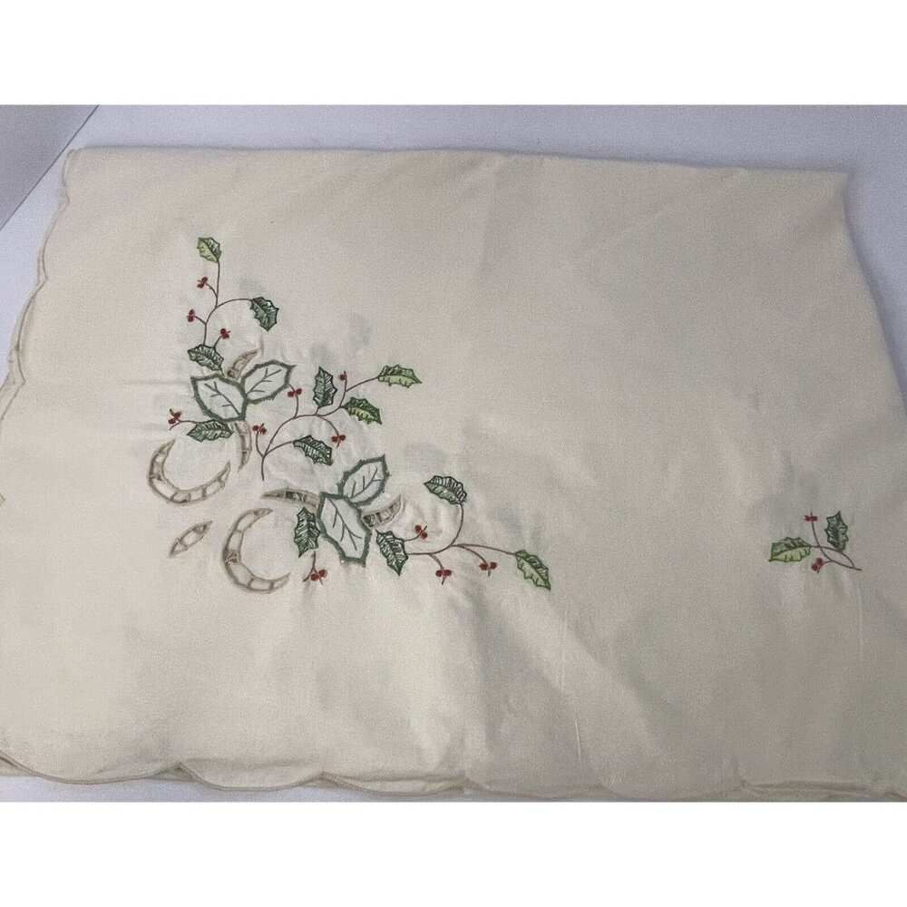 Embroidered Cotton Table Cloth 60" x 80" Holly Christmas Ivory 6 Napkins